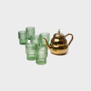 סט קפה/תה 7 חלקים 6 כוסות זכוכית ירוק 320ml + קומקום  1500 מ"ל
