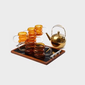סט קפה/תה 8 חלקים 6 מאגים זכוכית אייבורי 450ml + מגש 38X28X4.5 + קומקום  1500 מ"ל