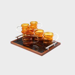 סט קפה/תה 7 חלקים סט 6 מאגים זכוכית אייבורי 450ml+ מגש 38X28X4.5