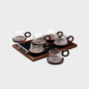סט 6 כוסות זכוכית 250ml עם תחתיות עץ 210632x6 + מגש 38x28x4.5 212854