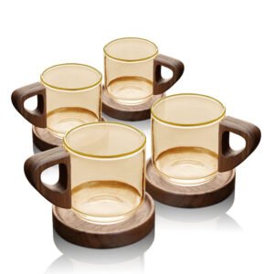 סט 4 ספלי קפה 90ml זכוכית אייבורי בשילוב עץ + תחתיות עץ