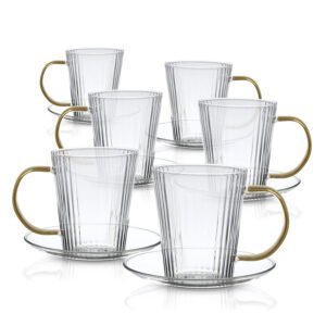 סט 6 ספלי קפוצ'ינו 280ml + תחתיות זכוכית ידיות זהב מבית DreamChef