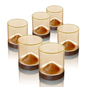 סט 6 כוסות 180ml זכוכית Light Amber פס זהב לשתייה חמה + תחתיות עץ מבית DreamChef