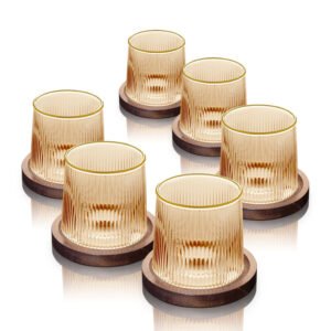 סט 6 כוסות 200ml זכוכית Light Amber פס זהב לשתייה חמה + תחתיות עץ מבית DreamChef