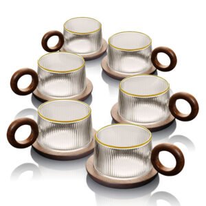 סט 6 ספלים 250ml זכוכית פס זהב + תחתיות וידיות עץ מבית DreamChef