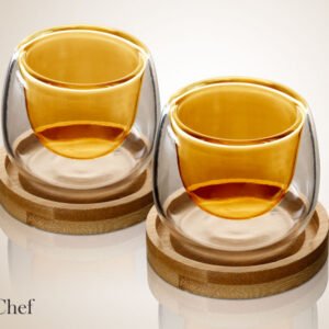 זוג כוסות קפה זכוכית אמבר DreamChef עם תחתיות עץ