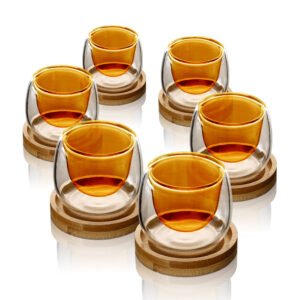 סט 6 ספלי אספרסו 80ml דאבל גלאס שילוב Amber לשתייה חמה + תחתיות עץ מבית DreamChef