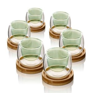 סט 6 ספלי אספרסו 80ml דאבל גלאס שילוב Green לשתייה חמה + תחתיות עץ מבית DreamChef