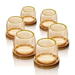 סט 6 ספלי אספרסו 80ml דאבל גלאס Light Amber פס זהב לשתייה חמה + תחתיות עץ מבית DreamChef
