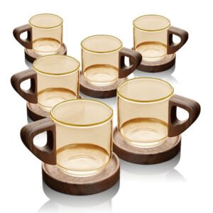 סט 6 ספלי אספרסו 90ml זכוכית Light Amber פס זהב + תחתיות עץ מבית DreamChef