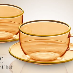 זוג ספלי קפה DreamChef זכוכית אמבר פס זהב + תחתית זכוכית