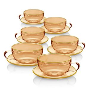 סט 6 ספלי תה 220ml + תחתיות זכוכית Light Amber פס זהב מבית DreamChef